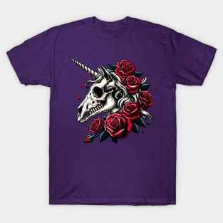 Unicorn skull with red roses T-Shirt